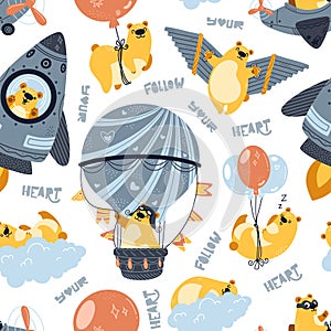 Seamless pattern bear flying on an airplane, air balloon, rocket, clouds, handmade wings. Cute cartoon teddy. Vector illustration