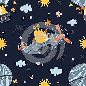 Seamless pattern bear flying on an airplane, hot air balloon. Cute cartoon Teddy bear flying in the night sky. Vector illustration