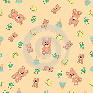 Seamless pattern with bears, piramodka, balls and baby's dummies (pacifiers).
