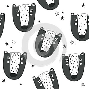 Seamless pattern with bears, stars. Decorative cute background with funny animals