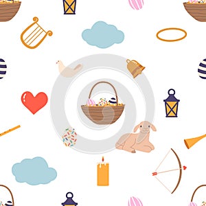 Seamless Pattern with Beautiful Angelic Items. Dove, Clouds, Harp, Basket with Easter Eggs, Lantern, Candle, Bell, Bow