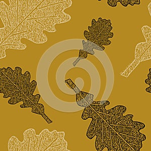 Seamless pattern of beautiful autumn oak leafs white and black illustration on yellow background with copy space. Autumn seasonal