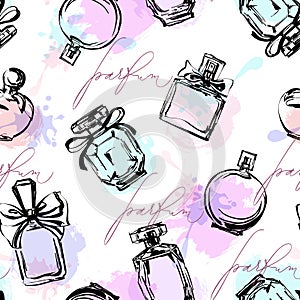 Seamless pattern with beautiful bottles of perfume. Women`s perfume. Vector