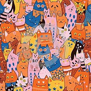 Seamless pattern of beautiful, bright cats. Perfect for wallpapers, gift paper, greeting cards, fabrics, textiles, web