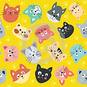 Seamless pattern of beautiful, bright cats on a yellow background. Perfect for wallpapers, gift paper, greeting cards