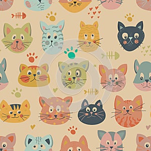 Seamless pattern of beautiful, bright cats on a yellow background. Perfect for wallpapers, gift paper, greeting cards