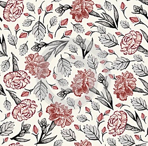 Seamless fabric pattern isolated flowers Vintage background Carnation Wallpaper Drawing engraving Vector Illustration victorian