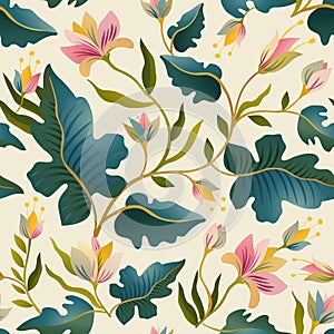 Seamless pattern with beautiful fantastic plants. Vector magic background design.