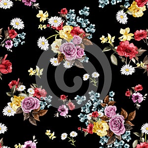 Seamless pattern of a beautiful flowers bouquet. Seamless watercolor floral design on black background for textile prints.