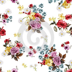 Seamless pattern of a beautiful flowers bouquet. Seamless watercolor floral design on white background for textile prints.