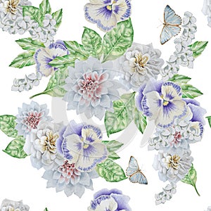 Seamless pattern with beautiful flowers and butterfly. Pansies. Peony.