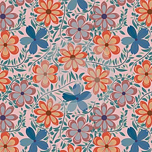 Seamless pattern of beautiful flowers, leaves and veins on tea rose background. textile design.