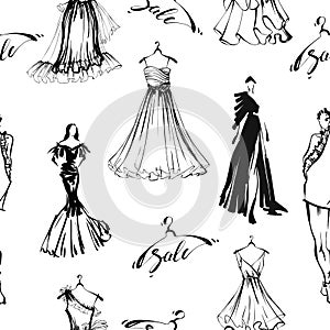 Seamless pattern with beautiful girls models and fashionable women`s dresses.Sketch style Beauty and cosmetics