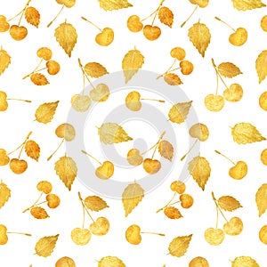 Seamless pattern with beautiful golden cherries and leaves on white background
