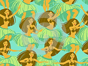 Seamless pattern with beautiful Hawaiian girl