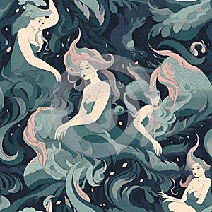 Seamless pattern with beautiful mermaids. Vector illustration