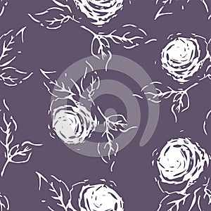 Seamless pattern. Beautiful pattern of white roses on a purple background.modern hand-drawn illustration.Use for print