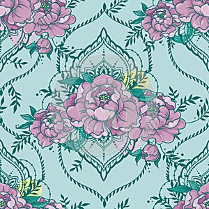 seamless pattern with beautiful peonies and mehndi style deorative frames