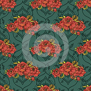 Seamless pattern with beautiful peonies and mehndi style deorative frames