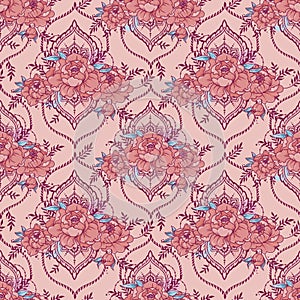 Seamless pattern with beautiful peonies and mehndi style deorative frames