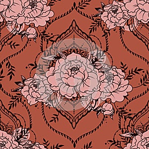 Seamless pattern with beautiful peonies and mehndi style deorative frames