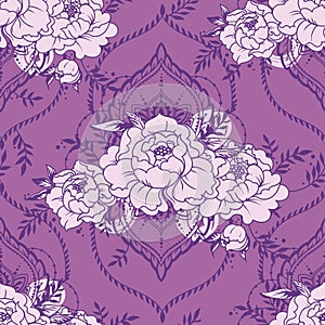 Seamless pattern with beautiful peonies and mehndi style deorative frames