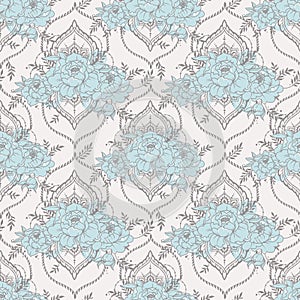 Seamless pattern with beautiful peonies and mehndi style deorative frames