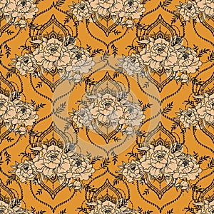 Seamless pattern with beautiful peonies and mehndi style deorative frames