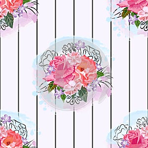 Seamless pattern with beautiful pink roses and watercolor effect on striped black and white background.