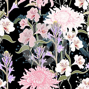 Seamless pattern. Beautiful pink violet blooming flowers. Vintage black background.