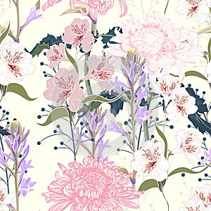 Seamless pattern. Beautiful pink violet blooming flowers. Vintage yellow background.