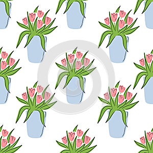 Seamless pattern with beautiful pot vase with fresh tulip flowers on white background. Hand drawn vector cartoon flat sketch