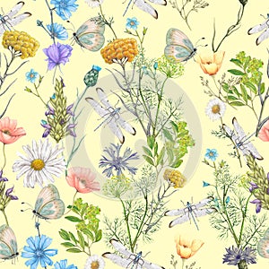 Seamless pattern of summer wildflowers photo
