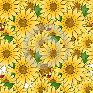 Seamless pattern of beautiful sunflowers and red ladybug