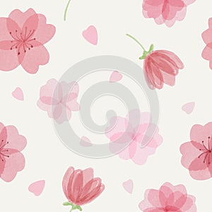Seamless pattern with beautiful tender watercolor sakura flowers and petals