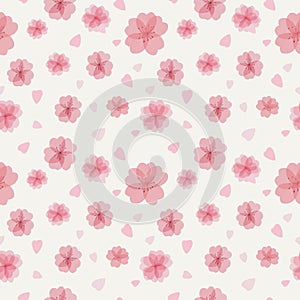 Seamless pattern with beautiful tender watercolor sakura flowers and petals,