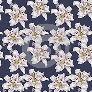 Seamless pattern with beautiful white oriental lily flowers on purple background. photo