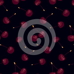 Seamless pattern with beauty cherries on black background.