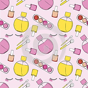 Seamless pattern beauty cosmetic makeup hand draw. Women and girl elegant design.