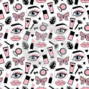 Seamless pattern beauty makeup for cute girls. Abstract cosmetic bottles hand drawing. Vector illustration on a white background.