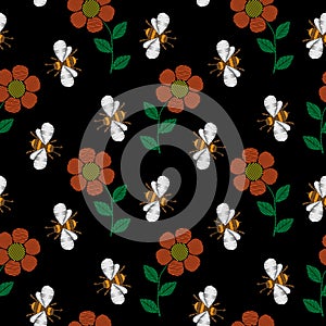 Seamless pattern with bee and flowers embroidery stitches imitat