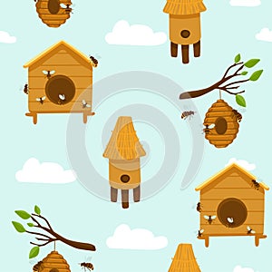 Seamless Pattern with bee, hive, honeycomb bee house. Vector vintage color engraved illustration. Registration of cards