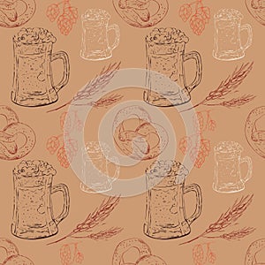 Seamless pattern of beer elements , for wrapping paper, wallpaper, fabric pattern, backdrop, print, gift wrap, cover of notebook,