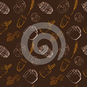 Seamless pattern of beer elements , for wrapping paper, wallpaper, fabric pattern, backdrop, print, gift wrap, cover of notebook,