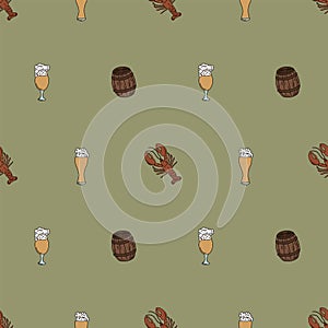 Seamless pattern with beer mugs, barrels and crayfish. Background for menu, packaging, bar design