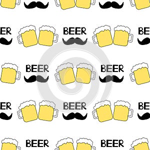 Seamless pattern with beer mugs and mustache on the white background.