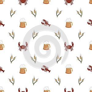 Seamless pattern with beer mugs, wheat and crabs. Background for menu, packaging, bar design