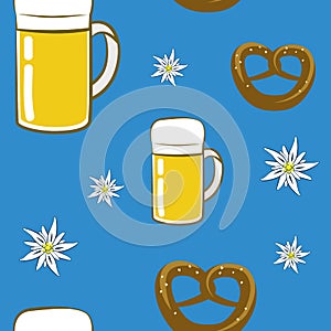 Seamless pattern beer pretzel and edelweiss flower on blue background