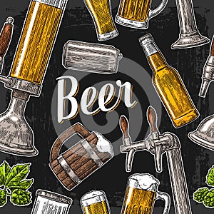 Seamless pattern beer tap, class, can, bottle and hop.