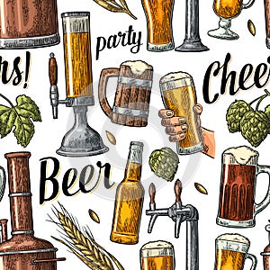 Seamless pattern beer tap, hand hold glass, bottle and hop